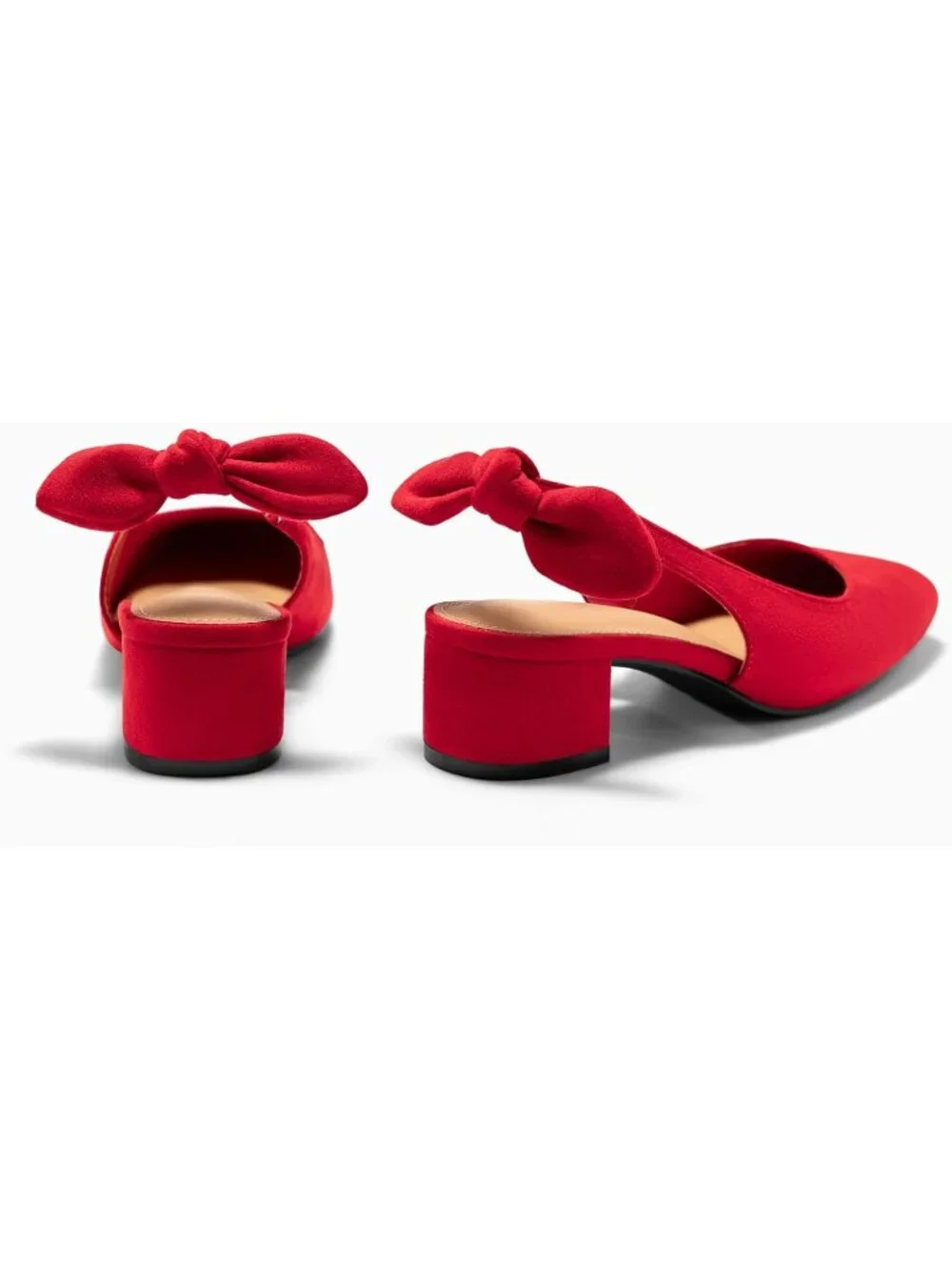 Women's Red Faux Suede Chunky Low Heels Bow Slingback Closed Square Toe Pumps